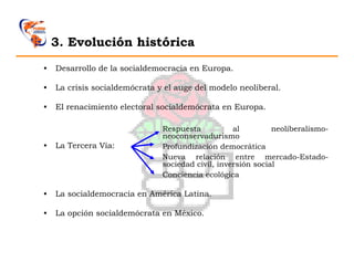 3. Evolución histórica
•   Desarrollo de la socialdemocracia en Europa.

•   La crisis socialdemócrata y el auge del modelo neoliberal.

•   El renacimiento electoral socialdemócrata en Europa.

                               Respuesta           al         neoliberalismo-
                               neoconservadurismo
•   La Tercera Vía:            Profundización democrática
                               Nueva relación entre mercado-Estado-
                               sociedad civil, inversión social
                               Conciencia ecológica

•   La socialdemocracia en América Latina.

•   La opción socialdemócrata en México.
 