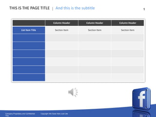 THIS IS THE PAGE TITLE                               And this is the subtitle                           1



                                                      Column Header         Column Header   Column Header

                   List Item Title                      Section Item         Section Item    Section Item




Company Proprietary and Confidential   Copyright Info Goes Here Just Like
This
 