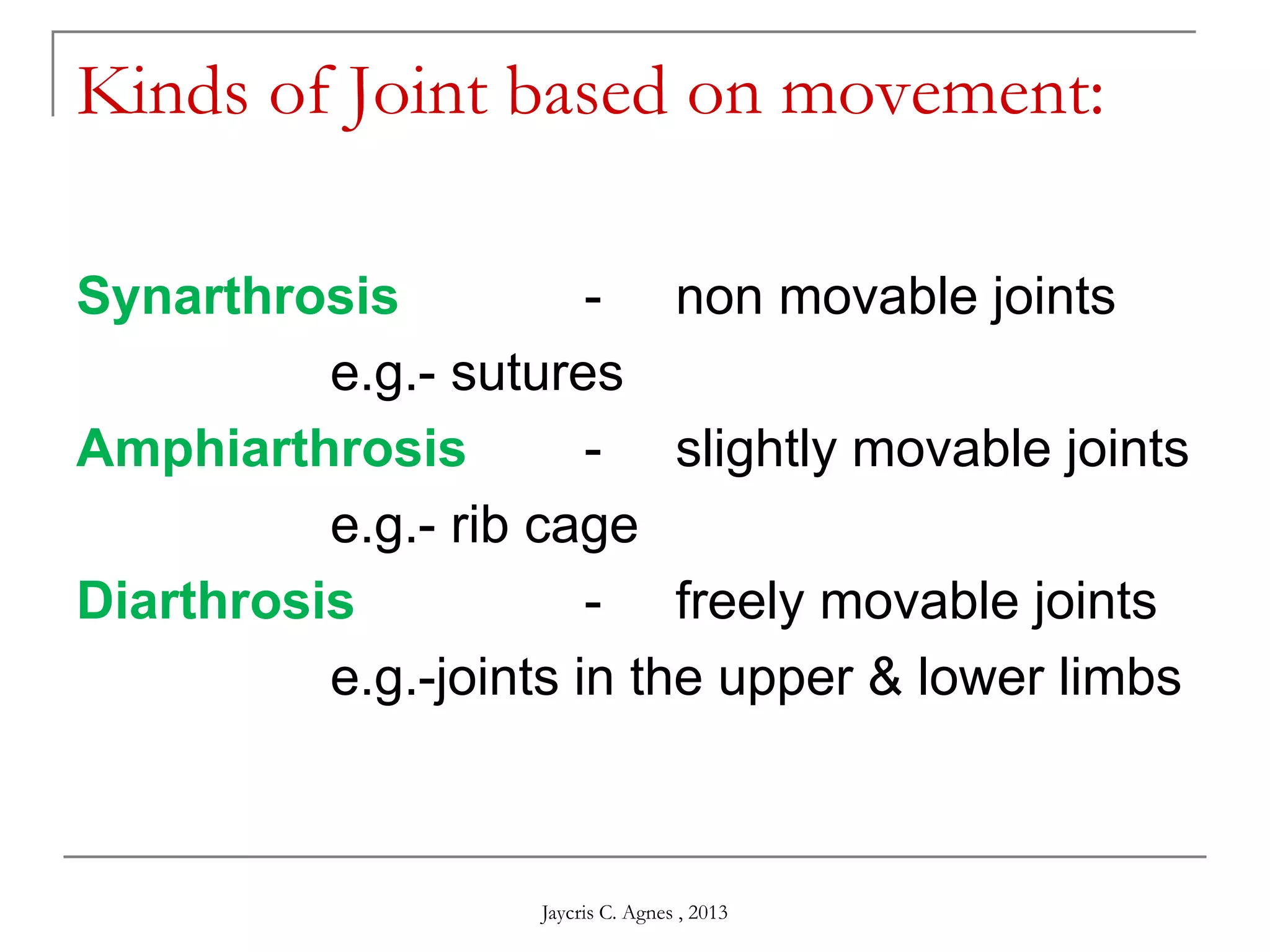 Kinds of Joint based on movement:
Synarthrosis - non movable joints
e.g.- sutures
Amphiarthrosis - slightly movable joints
e.g.- rib cage
Diarthrosis - freely movable joints
e.g.-joints in the upper & lower limbs
Jaycris C. Agnes , 2013
 