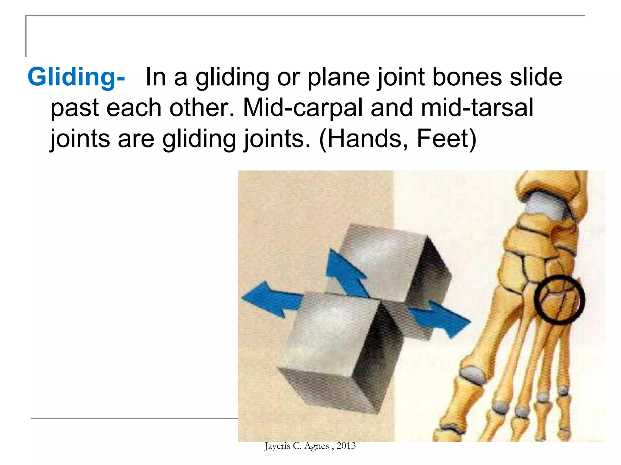 Gliding-  In a gliding or plane joint bones slide
past each other. Mid-carpal and mid-tarsal
joints are gliding joints. (Hands, Feet)
Jaycris C. Agnes , 2013
 