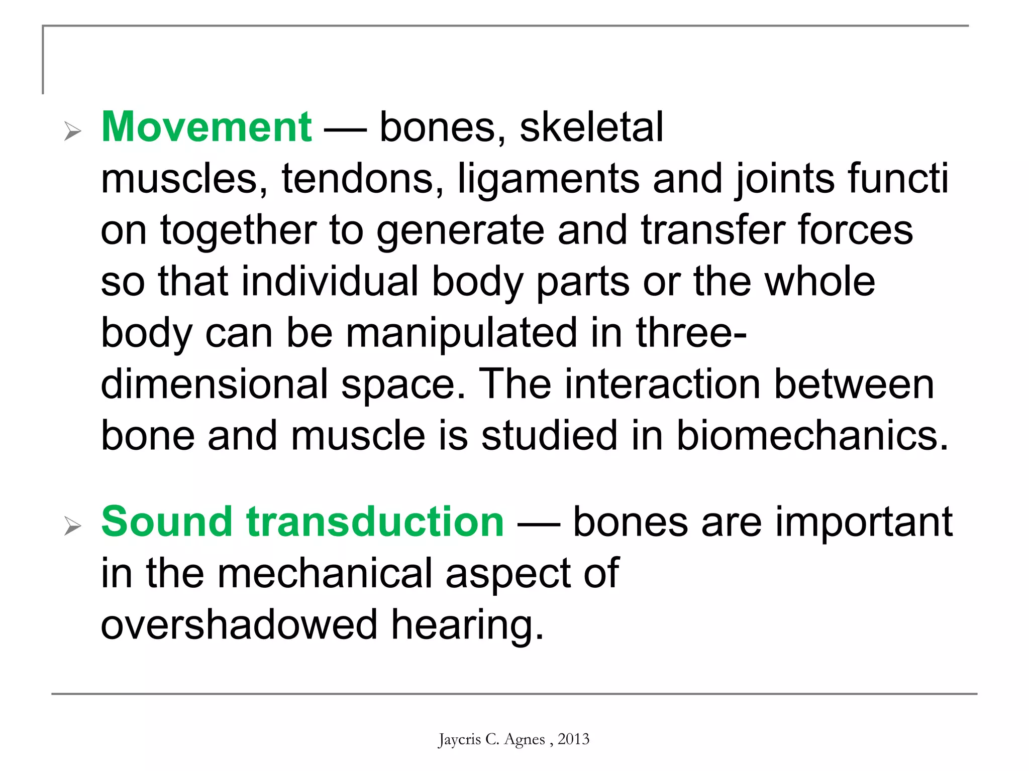  Movement — bones, skeletal
muscles, tendons, ligaments and joints functi
on together to generate and transfer forces
so that individual body parts or the whole
body can be manipulated in three-
dimensional space. The interaction between
bone and muscle is studied in biomechanics.
 Sound transduction — bones are important
in the mechanical aspect of
overshadowed hearing.
Jaycris C. Agnes , 2013
 