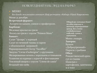  МЕНЮ


Все блюда эксклюзивно готовит Шеф ресторана «Кобзар» Юрий Ковриженко

Меню 31 декабря.
Встречный фуршет:
Ассорти из канапе, снеков и профитроли.
Барбекю:
Медовые крылья на гриле
Лосось на гриле с соусом “Poisson blanc”
Банкет:
Салат "Цезарь" с курицей
Салат из печеной тыквы и сыром
с облепиховой заправкой
Фаршированный Осетр "Escoffier”
Закуска "Caviar d'aubergine" с крутонами
Желированная печень с корольком и тимьяном
Галантин из курицы с курагой и фисташками
Томленый окорок с соусом "Crème de cassis“
Ягодный чиз-кейк

Общий вес готовых блюд
на одну персону в
течение мероприятия –
1500гр. Без учета
хлебобулочных
изделий, супов и
напитков.

Меню 1 января.
Завтрак:
Бульон
«Доброутренний»
Пироги с грибами
Обед:
Рождественский кремсуп из тыквы
Шашлык с
картофелем, запеченны
м в тонэ

 