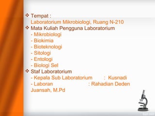  Tempat :
Laboratorium Mikrobiologi, Ruang N-210
 Mata Kuliah Pengguna Laboratorium
- Mikrobiologi
- Biokimia
- Bioteknologi
- Sitologi
- Entologi
- Biologi Sel
 Staf Laboratorium
- Kepala Sub Laboratorium : Kusnadi
- Laboran : Rahadian Deden
Juansah, M.Pd
 