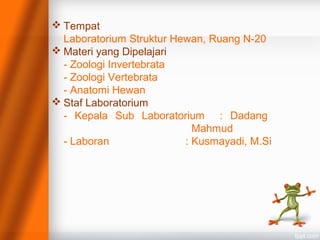  Tempat
Laboratorium Struktur Hewan, Ruang N-20
 Materi yang Dipelajari
- Zoologi Invertebrata
- Zoologi Vertebrata
- Anatomi Hewan
 Staf Laboratorium
- Kepala Sub Laboratorium : Dadang
Mahmud
- Laboran : Kusmayadi, M.Si
 