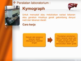  Peralatan laboratorium :
Kymograph
Untuk mencatat atau melukiskan variasi tekanan
atau gerakan misalnya gerak gelombang denyut
nadi dan tekanan darah
Cara kerja
 