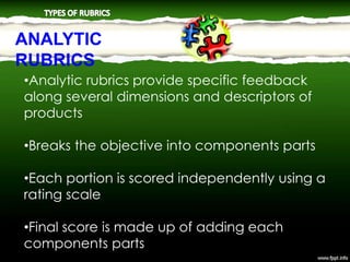 ANALYTIC
RUBRICS
•Analytic rubrics provide specific feedback
along several dimensions and descriptors of
products
•Breaks the objective into components parts
•Each portion is scored independently using a
rating scale
•Final score is made up of adding each
components parts
 