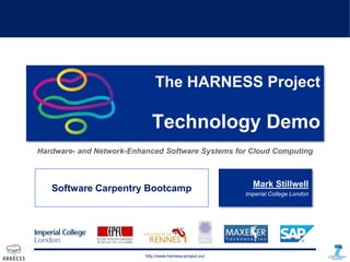 http://www.harness-project.euhttp://www.harness-project.eu/
The HARNESS Project
Technology Demo
Hardware- and Network-Enhanced Software Systems for Cloud Computing
Mark Stillwell
Imperial College London
Software Carpentry Bootcamp
 