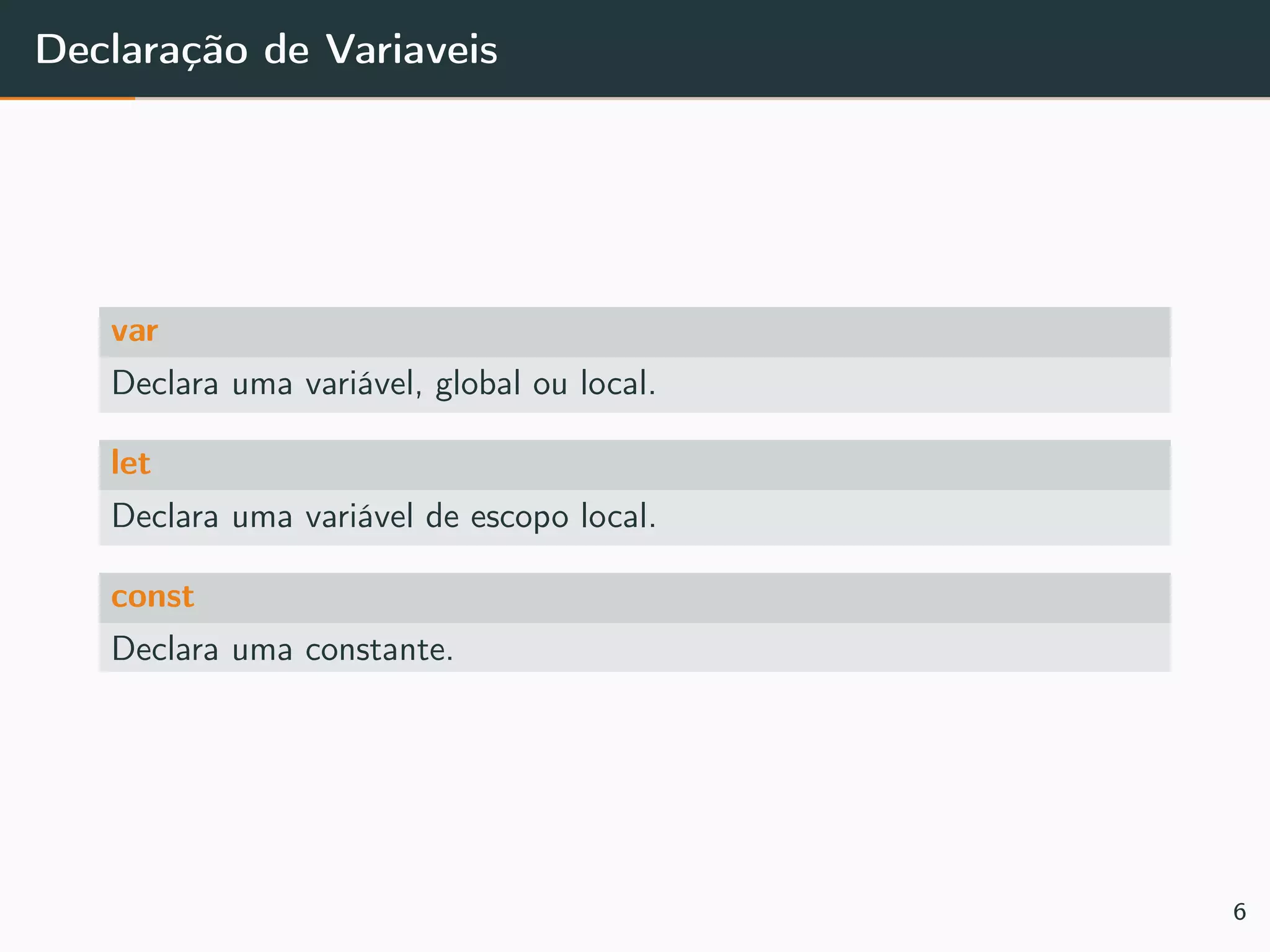Declaração de Variaveis
var
Declara uma variável, global ou local.
let
Declara uma variável de escopo local.
const
Declara uma constante.
6
 