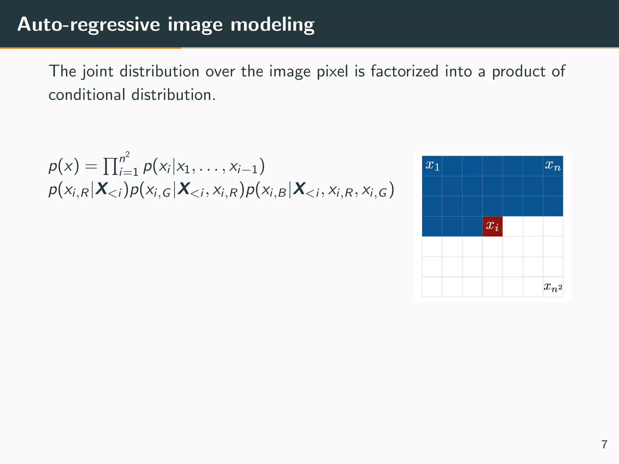 Auto-regressive image modeling
The joint distribution over the image pixel is factorized into a product of
conditional distribution.
p(x) =
n2
i=1 p(xi |x1, . . . , xi−1)
p(xi,R |X<i )p(xi,G |X<i , xi,R )p(xi,B |X<i , xi,R , xi,G )
7
 