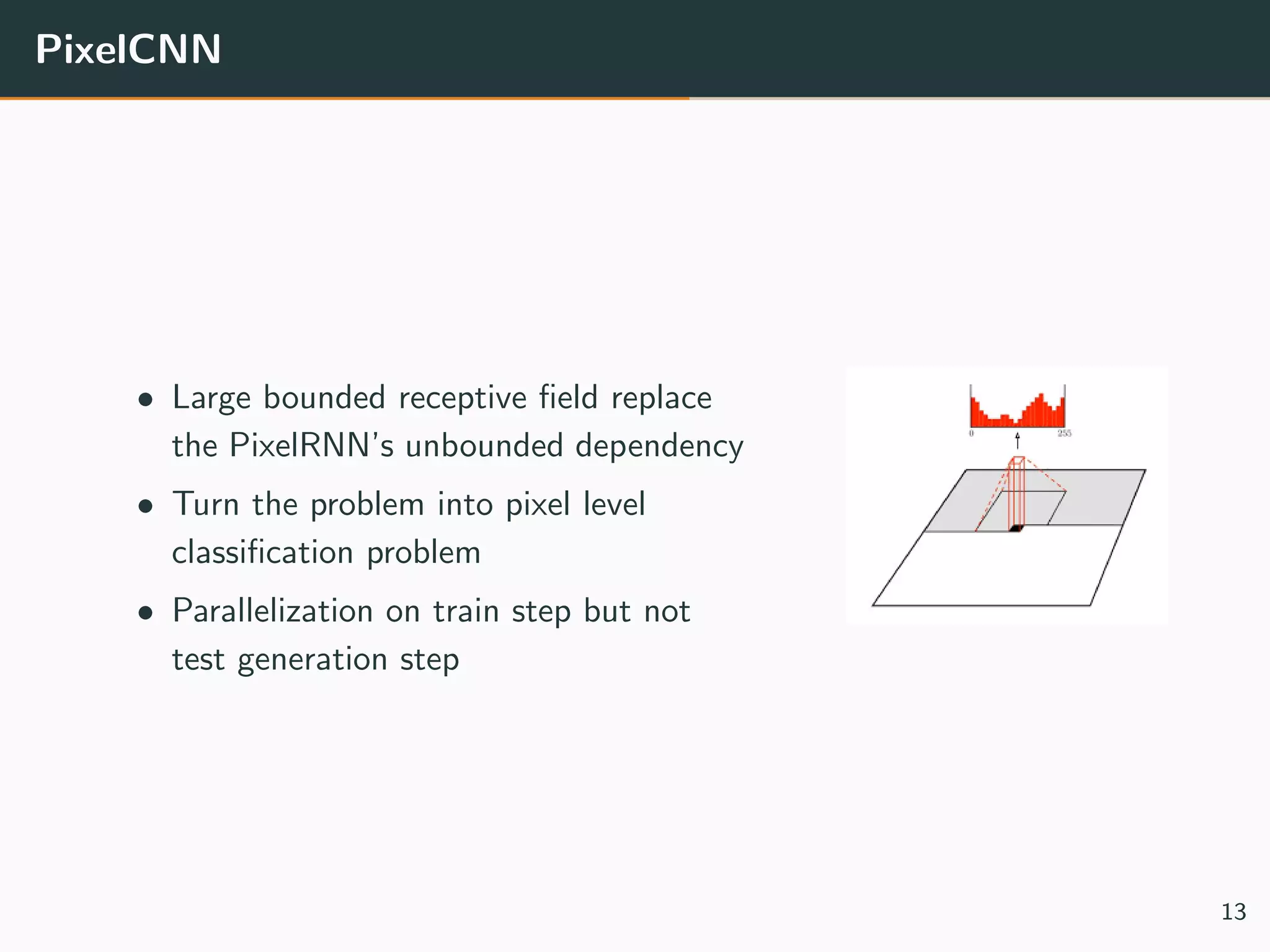 PixelCNN
• Large bounded receptive ﬁeld replace
the PixelRNN’s unbounded dependency
• Turn the problem into pixel level
classiﬁcation problem
• Parallelization on train step but not
test generation step
13
 