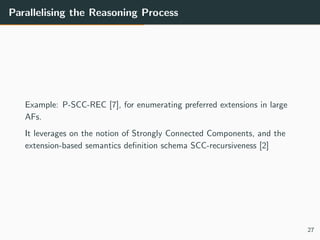 Parallelising the Reasoning Process
Example: P-SCC-REC [7], for enumerating preferred extensions in large
AFs.
It leverage...