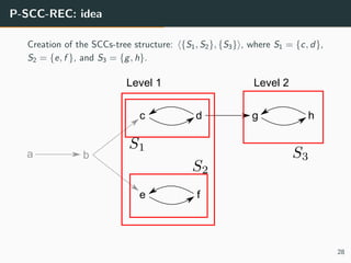 P-SCC-REC: idea
Creation of the SCCs-tree structure: {S1, S2}, {S3} , where S1 = {c, d},
S2 = {e, f }, and S3 = {g, h}.
a ...