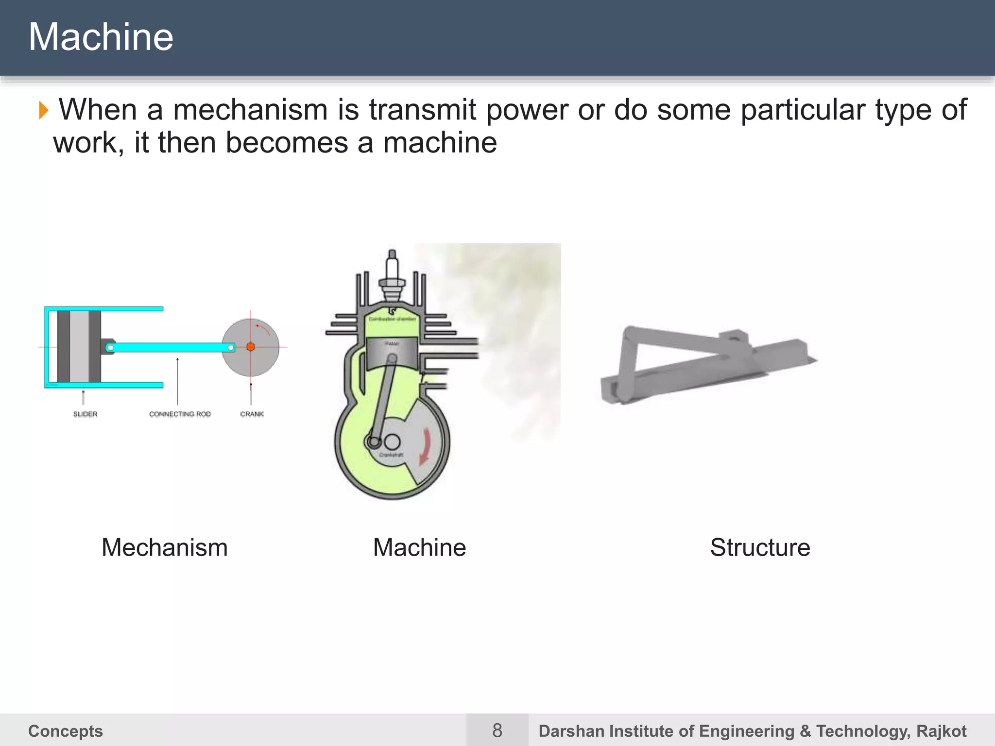 8Concepts Darshan Institute of Engineering & Technology, Rajkot
When a mechanism is transmit power or do some particular type of
work, it then becomes a machine
Machine
Mechanism Machine Structure
 