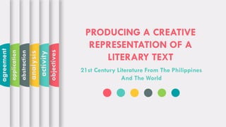 PRODUCING A CREATIVE
REPRESENTATION OF A
LITERARY TEXT
21st Century Literature From The Philippines
And The World
objectives
activity
analysis
abstraction
application
agreement
 