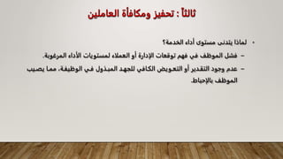 ‫ثالثا‬
:
‫العا‬ ‫ومكافأة‬ ‫تحفيز‬
‫ملين‬
•
‫الخدمة؟‬ ‫أداء‬ ‫مستوى‬ ‫يتدنى‬ ‫لماذا‬
–
‫المرغوبة‬ ‫الأداء‬ ‫لمستويات‬ ‫العملاء‬ ‫أو‬ ‫الإدارة‬ ‫توقعات‬ ‫فهم‬ ‫في‬ ‫الموظف‬ ‫فشل‬
.
–
‫يصـ‬ ‫ممـا‬ ،‫الوظيفـة‬ ‫فـي‬ ‫المبـذول‬ ‫للجهـد‬ ‫الكـافي‬ ‫التعـويض‬ ‫أو‬ ‫التقـدير‬ ‫وجود‬ ‫عدم‬
‫يب‬
‫بالإحباط‬ ‫الموظف‬
.
 