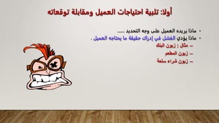 ‫أولا‬
:
‫توقعاته‬ ‫ومقابلة‬ ‫العميل‬ ‫احتياجات‬ ‫تلبية‬
•
‫ماذا‬
‫يريده‬
‫العميل‬
‫على‬
‫وجه‬
‫التحديد‬
......
•
‫ماذا‬
‫يؤدي‬
‫الفشل‬
‫في‬
‫إدراك‬
‫حقيقة‬
‫ما‬
‫يحتاجه‬
‫العميل‬
.
–
‫مثال‬
:
‫البنك‬ ‫زبون‬
–
‫المطعم‬ ‫زبون‬
–
‫سلعة‬ ‫شراء‬ ‫زبون‬
 