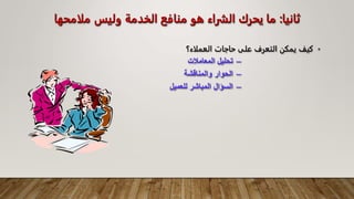 ‫ثانيا‬
:
‫ملامح‬ ‫وليس‬ ‫الخدمة‬ ‫منافع‬ ‫هو‬ ‫الشراء‬ ‫يحرك‬ ‫ما‬
‫ها‬
•
‫كيف‬
‫يمكن‬
‫التعرف‬
‫على‬
‫حاجات‬
‫العملاء؟‬
–
‫المعامالت‬ ‫تحليل‬
–
‫والمناقشة‬ ‫الحوار‬
–
‫للعميل‬ ‫المباشر‬ ‫السؤال‬
 
