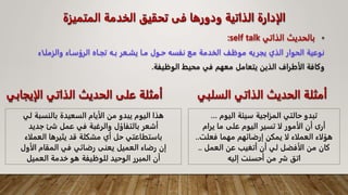 ‫المتميز‬ ‫الخدمة‬ ‫تحقيق‬ ‫فى‬ ‫ودورها‬ ‫الذاتية‬ ‫الإدارة‬
‫ة‬
•
‫الذاتي‬ ‫بالحديث‬
self talk
:
‫والزملـ‬ ‫الرؤسـاء‬ ‫تجـاه‬ ‫بـه‬ ‫يشـعر‬ ‫مـا‬ ‫حـول‬ ‫نفسه‬ ‫مع‬ ‫الخدمة‬ ‫موظف‬ ‫يجريه‬ ‫الذي‬ ‫الحوار‬ ‫نوعية‬
‫اء‬
‫الوظيفة‬ ‫محيط‬ ‫في‬ ‫معهم‬ ‫يتعامل‬ ‫الذين‬ ‫الأطراف‬ ‫وكافة‬
.
‫السلبي‬ ‫الذاتي‬ ‫الحديث‬ ‫أمثلة‬
‫اليوم‬ ‫سيئة‬ ‫المزاجية‬ ‫حالتي‬ ‫تبدو‬
…
‫يرام‬ ‫ما‬ ‫على‬ ‫اليوم‬ ‫تسير‬ ‫لا‬ ‫الأمور‬ ‫أن‬ ‫أرى‬
‫فعلت‬ ‫مهما‬ ‫إرضائهم‬ ‫يمكن‬ ‫لا‬ ‫العملاء‬ ‫هؤلاء‬
..
‫العمل‬ ‫عن‬ ‫أتغيب‬ ‫أن‬ ‫لي‬ ‫الأفضل‬ ‫من‬ ‫كان‬
..
‫إليه‬ ‫أحسنت‬ ‫من‬ ‫شر‬ ‫اتا‬
‫الإيجا‬ ‫الذاتي‬ ‫الحديث‬ ‫على‬ ‫أمثلة‬
‫بي‬
‫لي‬ ‫بالنسبة‬ ‫السعيدة‬ ‫الأيام‬ ‫من‬ ‫يبدو‬ ‫اليوم‬ ‫هذا‬
‫جديد‬ ‫شئ‬ ‫عمل‬ ‫في‬ ‫والرغبة‬ ‫بالتفاؤل‬ ‫أشعر‬
‫العملاء‬ ‫يثيرها‬ ‫قد‬ ‫مشكلة‬ ‫أي‬ ‫حل‬ ‫باستطاعتي‬
‫الأول‬ ‫المقام‬ ‫في‬ ‫رضائي‬ ‫يعنى‬ ‫العميل‬ ‫رضاء‬ ‫إن‬
‫العميل‬ ‫خدمة‬ ‫هو‬ ‫للوظيفة‬ ‫الوحيد‬ ‫المبرر‬ ‫أن‬
 