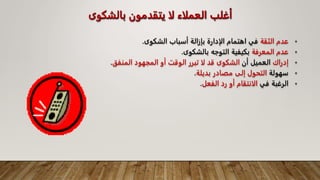 ‫بالشك‬ ‫يتقدمون‬ ‫لا‬ ‫العملاء‬ ‫أغلب‬
‫وى‬
•
‫الثقة‬ ‫عدم‬
‫الشكوى‬ ‫أسباب‬ ‫بإزالة‬ ‫الإدارة‬ ‫اهتمام‬ ‫في‬
.
•
‫المعرفة‬ ‫عدم‬
‫بالشكوى‬ ‫التوجه‬ ‫بكيفية‬
.
•
‫إدراك‬
‫أن‬ ‫العميل‬
‫المنفق‬ ‫المجهود‬ ‫أو‬ ‫الوقت‬ ‫تبرر‬ ‫لا‬ ‫قد‬ ‫الشكوى‬
.
•
‫سهولة‬
‫بديلة‬ ‫مصادر‬ ‫إلى‬ ‫التحول‬
.
•
‫في‬ ‫الرغبة‬
‫الفعل‬ ‫رد‬ ‫أو‬ ‫الانتقام‬
.
 