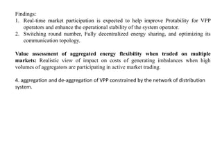 Findings:
1. Real-time market participation is expected to help improve Protability for VPP
operators and enhance the operational stability of the system operator.
2. Switching round number, Fully decentralized energy sharing, and optimizing its
communication topology.
Value assessment of aggregated energy flexibility when traded on multiple
markets: Realistic view of impact on costs of generating imbalances when high
volumes of aggregators are participating in active market trading.
4. aggregation and de-aggregation of VPP constrained by the network of distribution
system.
 