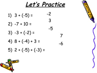 Let’s Practice
1) 3 + (-5) =
2) -7 + 10 =
3) -3 + (-2) =
4) 8 + (-4) + 3 =
5) 2 + (-5) + (-3) =
-2
3
-5
7
-6
 