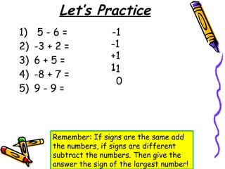 Let’s Practice
1) 5 - 6 =
2) -3 + 2 =
3) 6 + 5 =
4) -8 + 7 =
5) 9 - 9 =
Remember: If signs are the same add
the numbers, if signs are different
subtract the numbers. Then give the
answer the sign of the largest number!
-1
-1
+1
1
-1
0
 