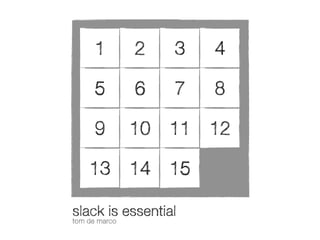 1

2

3

4

5

6

7

8

9

10 11 12

13 14 15
slack is essential
tom de marco

 