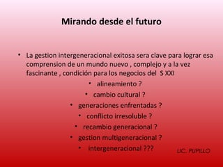 Mirando desde el futuro


• La gestion intergeneracional exitosa sera clave para lograr esa
  comprension de un mundo nuevo , complejo y a la vez
  fascinante , condición para los negocios del S XXI
                       • alineamiento ?
                      • cambio cultural ?
                 • generaciones enfrentadas ?
                    • conflicto irresoluble ?
                   • recambio generacional ?
                 • gestion multigeneracional ?
                    • intergeneracional ???          LIC. PUPILLO
 