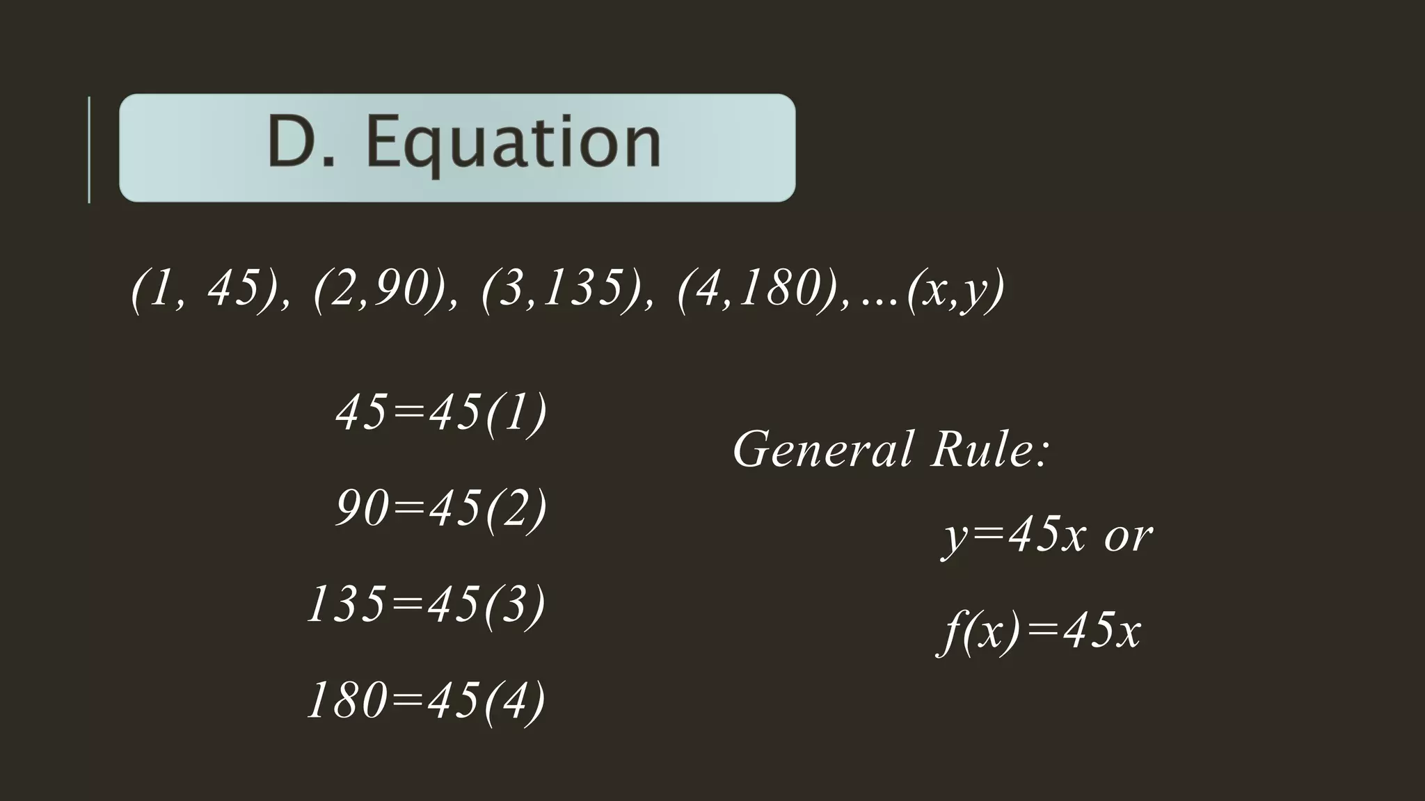 (1, 45), (2,90), (3,135), (4,180),…(x,y)
45=45(1)
90=45(2)
135=45(3)
180=45(4)
General Rule:
y=45x or
f(x)=45x
 