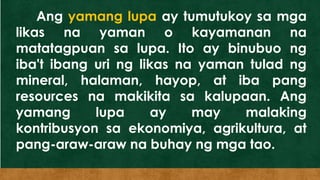 Ang yamang lupa ay tumutukoy sa mga
likas na yaman o kayamanan na
matatagpuan sa lupa. Ito ay binubuo ng
iba't ibang uri ng likas na yaman tulad ng
mineral, halaman, hayop, at iba pang
resources na makikita sa kalupaan. Ang
yamang lupa ay may malaking
kontribusyon sa ekonomiya, agrikultura, at
pang-araw-araw na buhay ng mga tao.
 