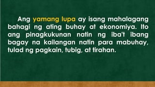 Ang yamang lupa ay isang mahalagang
bahagi ng ating buhay at ekonomiya. Ito
ang pinagkukunan natin ng iba't ibang
bagay na kailangan natin para mabuhay,
tulad ng pagkain, tubig, at tirahan.
 