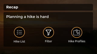 Recap
Planning a hike is hard
Hike ProfilesHike List Filter