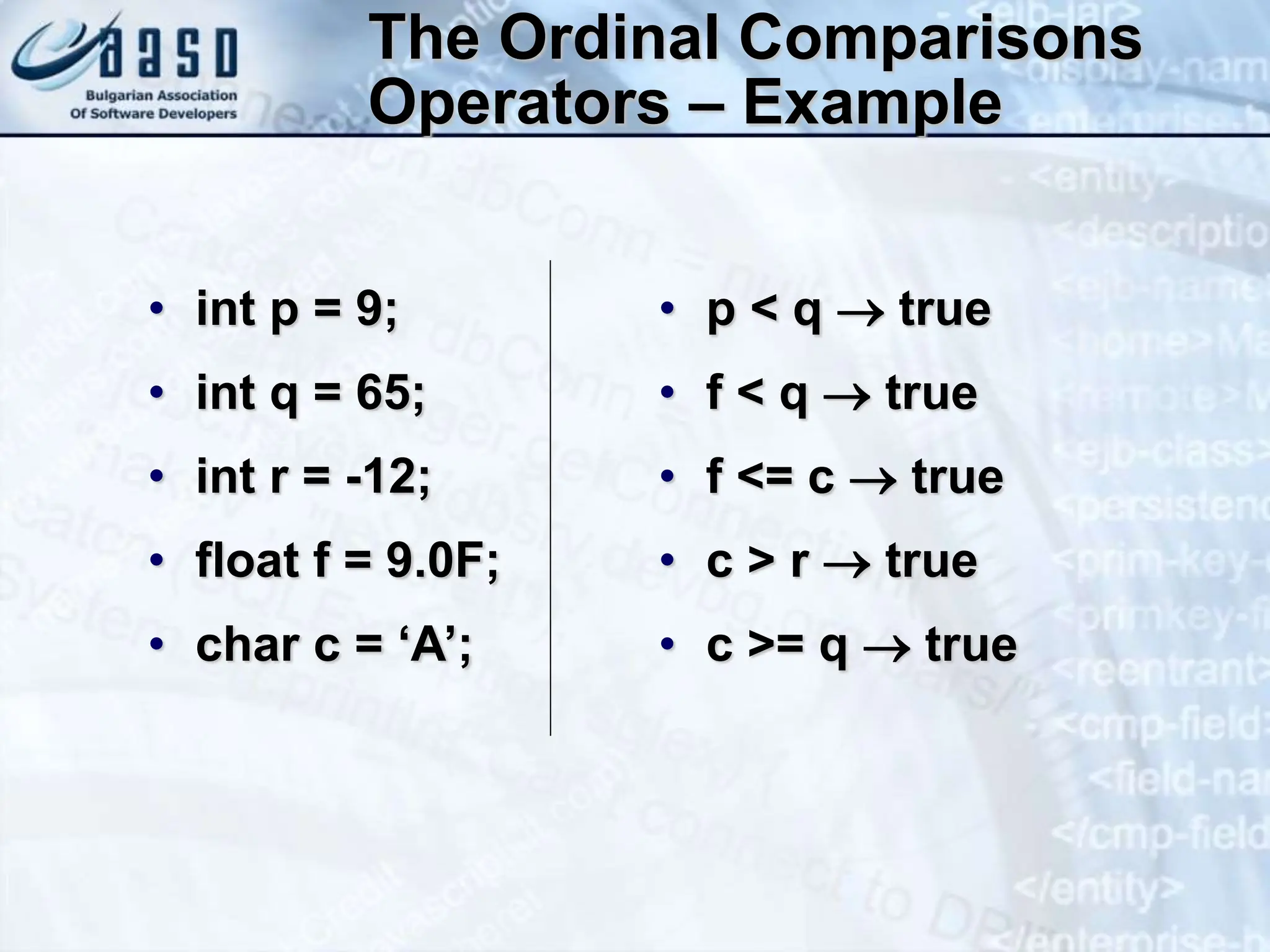 The Ordinal Comparisons Operators – Example • int p = 9; • int q = 65; • int r = -12; • float f = 9.0F; • char c = ‘A’; • p < q  true • f < q  true • f <= c  true • c > r  true • c >= q  true 
