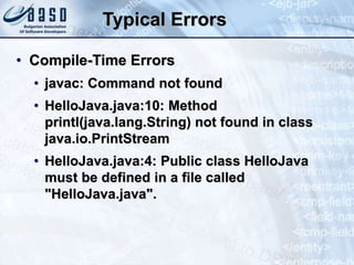 Typical Errors
• Compile-Time Errors
• javac: Command not found
• HelloJava.java:10: Method
printl(java.lang.String) not found in class
java.io.PrintStream
• HelloJava.java:4: Public class HelloJava
must be defined in a file called
"HelloJava.java".
 