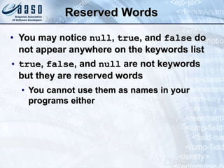 Reserved Words
• You may notice null, true, and false do
not appear anywhere on the keywords list
• true, false, and null are not keywords
but they are reserved words
• You cannot use them as names in your
programs either
 