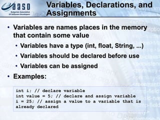 Variables, Declarations, and
Assignments
• Variables are names places in the memory
that contain some value
• Variables have a type (int, float, String, ...)
• Variables should be declared before use
• Variables can be assigned
• Examples:
int i; // declare variable
int value = 5; // declare and assign variable
i = 25; // assign a value to a variable that is
already declared
 
