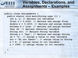 Variables, Declarations, and
Assignments – Examples
public class Assignments {
public static void main(String args []) {
int x, y; // declare int variables
float z = 3.414f; // declare and assign float
double w = 3.1415; // declare and assign double
boolean b = true; // declare and assign boolean
char ch; // declare character variable
String str; // declare String variable
String s = "bye"; // declare and assign String
ch = 'A'; // assign a value to char variable
str = "Hi out there!"; // assign value to String
x = 6; // assign value to int variable
y = 1000; // assign values to int variable
...
}
}
 
