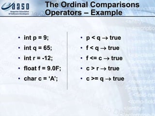 The Ordinal Comparisons
Operators – Example
• int p = 9;
• int q = 65;
• int r = -12;
• float f = 9.0F;
• char c = ‘A’;
• p < q  true
• f < q  true
• f <= c  true
• c > r  true
• c >= q  true
 