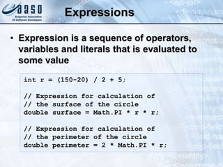 Expressions
• Expression is a sequence of operators,
variables and literals that is evaluated to
some value
int r = (150-20) / 2 + 5;
// Expression for calculation of
// the surface of the circle
double surface = Math.PI * r * r;
// Expression for calculation of
// the perimeter of the circle
double perimeter = 2 * Math.PI * r;
 