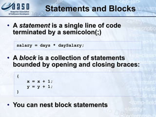 Statements and Blocks
• A statement is a single line of code
terminated by a semicolon(;)
• A block is a collection of statements
bounded by opening and closing braces:
• You can nest block statements
salary = days * daySalary;
{
x = x + 1;
y = y + 1;
}
 