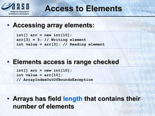 Access to Elements
• Accessing array elements:
• Elements access is range checked
• Arrays has field length that contains their
number of elements
int[] arr = new int[10];
arr[3] = 5; // Writing element
int value = arr[3]; // Reading element
int[] arr = new int[10];
int value = arr[10];
// ArrayIndexOutOfBoundsException
 