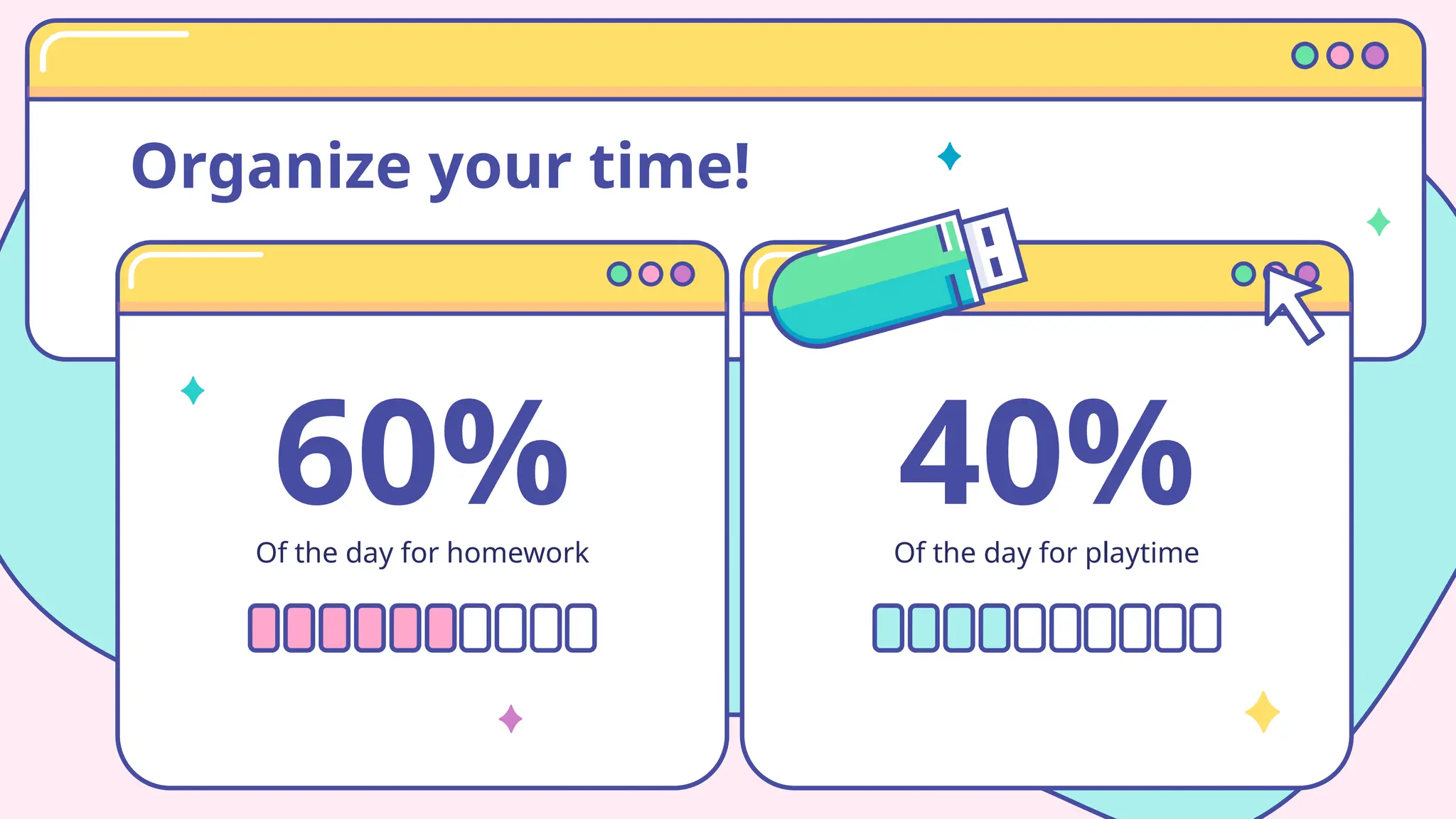 60%
Of the day for homework
40%
Of the day for playtime
Organize your time!
 
