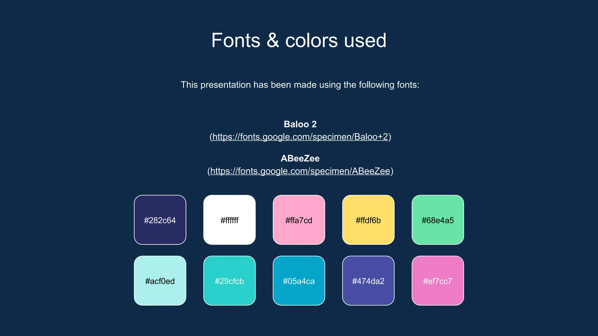 This presentation has been made using the following fonts:
Baloo 2
(https://fonts.google.com/specimen/Baloo+2)
ABeeZee
(https://fonts.google.com/specimen/ABeeZee)
#282c64 #ffffff #ffa7cd #ffdf6b
#acf0ed #29cfcb #05a4ca #474da2
#68e4a5
#ef7cc7
Fonts & colors used
 