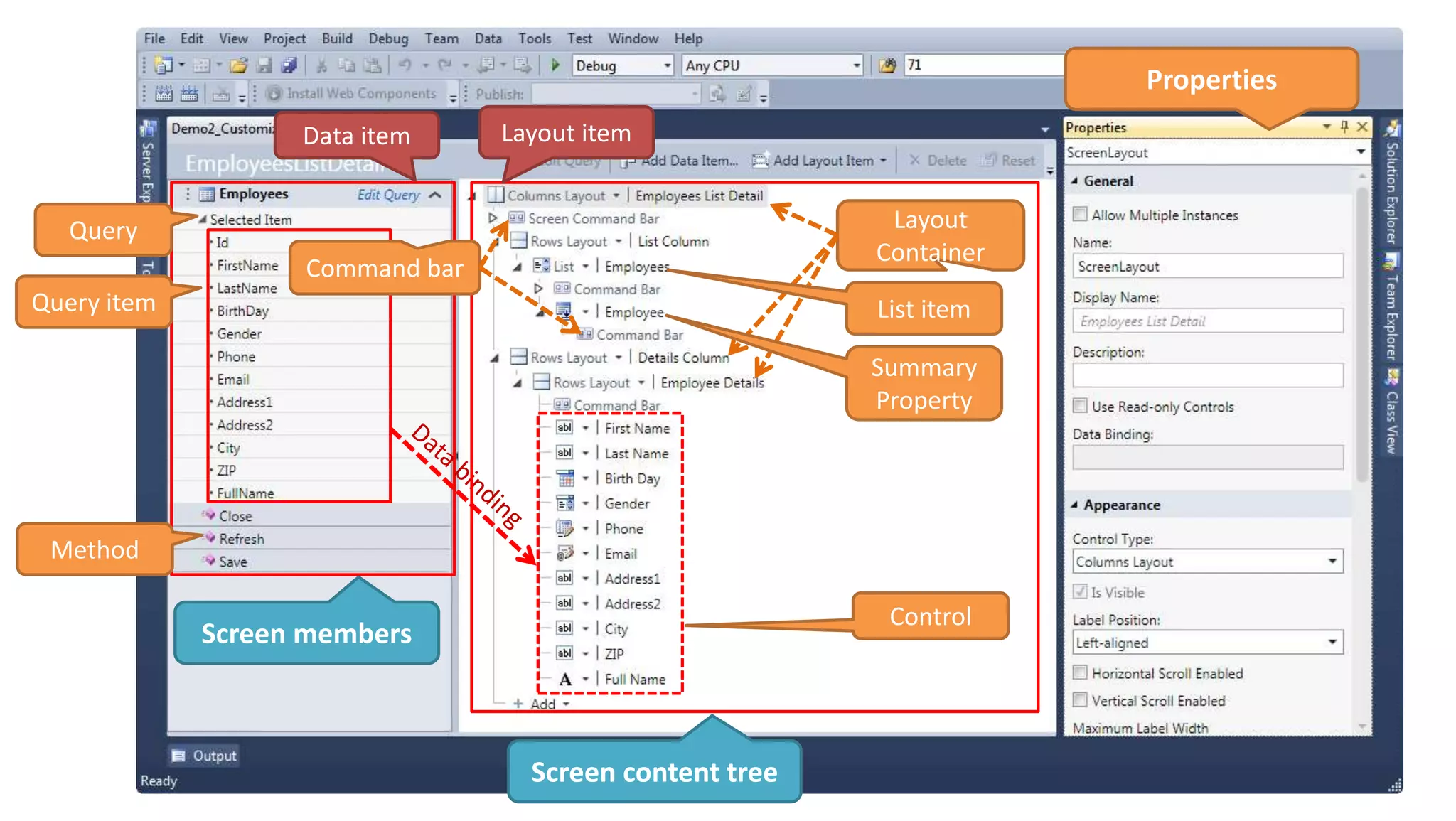 Properties
                   Data item     Layout item


   Query                                                  Layout
                                                         Container
                   Command bar
Query item                                               List item

                                                         Summary
                                                         Property




 Method

                                                          Control
             Screen members



                                   Screen content tree
 
