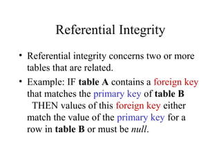 Referential Integrity
• Referential integrity concerns two or more
tables that are related.
• Example: IF table A contains a foreign key
that matches the primary key of table B
THEN values of this foreign key either
match the value of the primary key for a
row in table B or must be null.
 