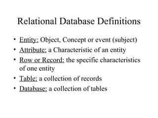 Relational Database Definitions
• Entity: Object, Concept or event (subject)
• Attribute: a Characteristic of an entity
• Row or Record: the specific characteristics
of one entity
• Table: a collection of records
• Database: a collection of tables
 