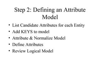 Step 2: Defining an Attribute
Model
• List Candidate Attributes for each Entity
• Add KEYS to model
• Attribute & Normalize Model
• Define Attributes
• Review Logical Model
 