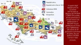 A seguito degli
impegni presi in
occasione
dell’incontro in
Regione del 5/9/2019
l’ARES 118 avrebbe
dovuto potenziare il
servizio invece con
deliberazione n.
365/2019 ha poi
pubblicato un avviso
per l’affidamento
all’esterno di 24
postazioni in provincia
di Latina, ma con
delibera 20/2020
l’avviso è stato
revocato.
Km. 36,7
Km.
22,6
Km. 40
Km. 32,9
Km. 40
Km. 35
Ambulanza MSB
Automedica
Elisuperficie
Ospedale attivo
Ospedale attivo fino al 2010
 