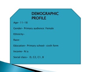 DEMOGRAPHIC
PROFILE
Age- 11-18
Gender- Primary audience: Female
Ethnicity-
Race-
Education- Primary school- sixth form
Income- N/a
Social class- D, C2, C1, B