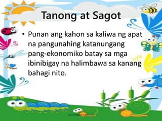 Tanong at Sagot
• Punan ang kahon sa kaliwa ng apat
na pangunahing katanungang
pang-ekonomiko batay sa mga
ibinibigay na halimbawa sa kanang
bahagi nito.
 